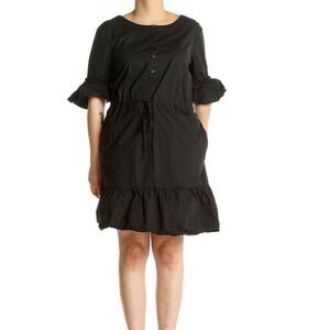 Ann Taylor Black Solid Day Fit & Flare Dress ruffle 3/4 sleeve romantic goth XS